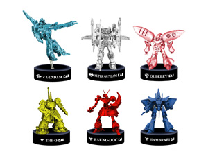 替刃用オンパックキャンペーンの景品「Zガンダム」(左上)、「スーパーガンダム」(中央上)、「キュベレイ」(右上)「ジ・オ」(左下)、「バウンド・ドック」(中央下)、「ハンブラビ」(右下)
